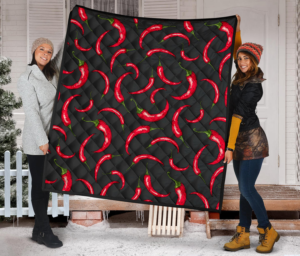 Chili Peppers Pattern Black Background Premium Quilt