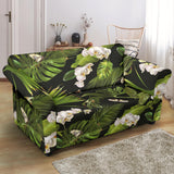 White Orchid Flower Tropical Leaves Pattern Blackground Loveseat Couch Slipcover