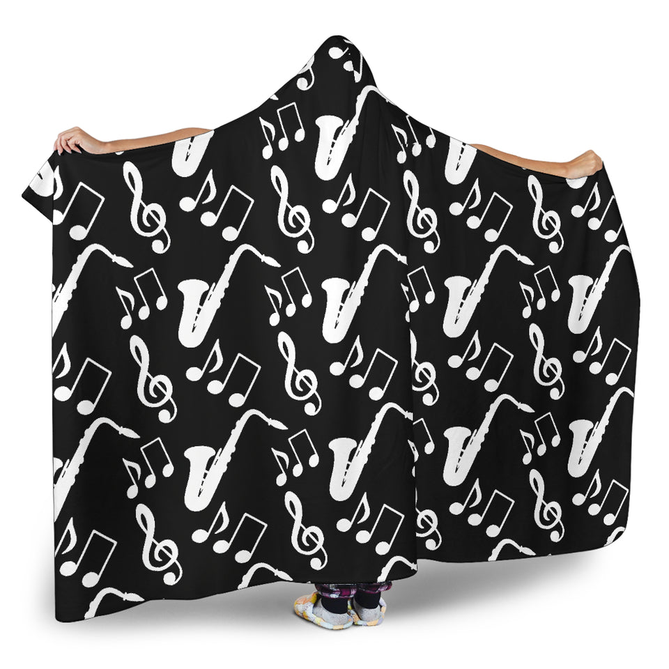 Saxophone Music Notes Treble Clef Black White Theme Hooded Blanket