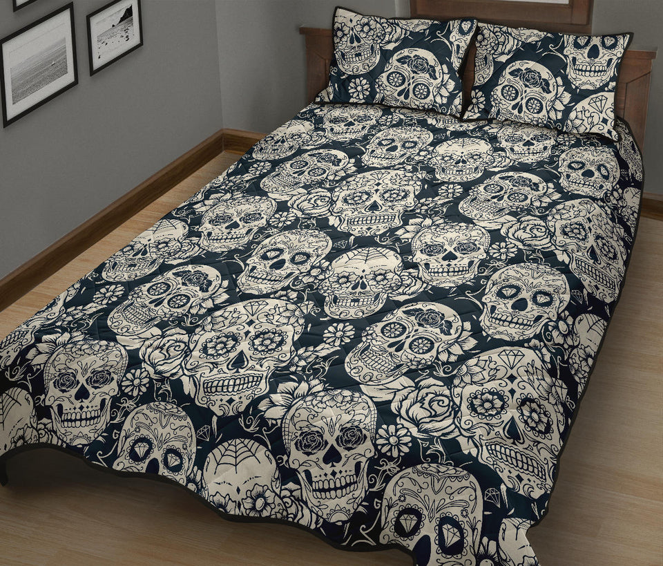 Sugar skull black white pattern Quilt Bed Set