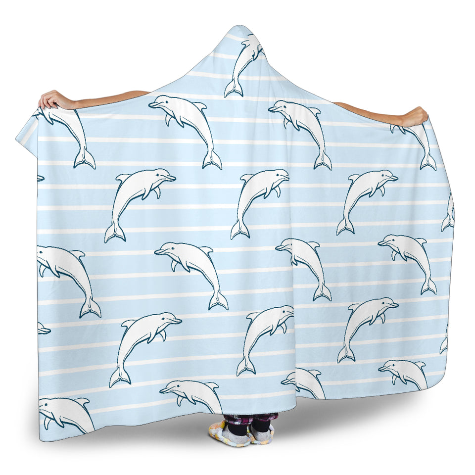 Dolphin Blue Striped Background Hooded Blanket