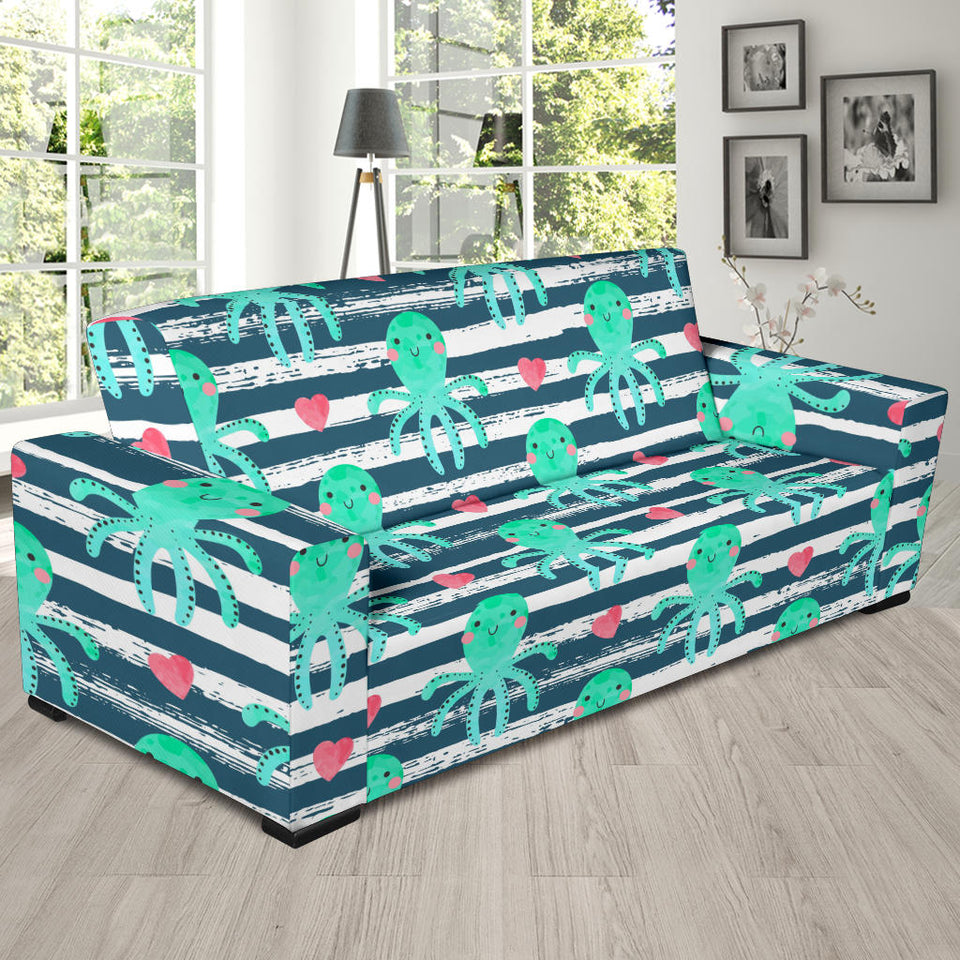 Cute Octopuses Heart Striped Background Sofa Slipcover