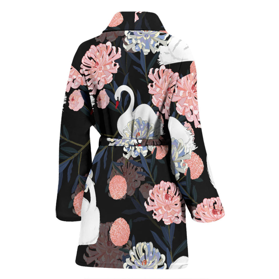 White Swan Blooming Flower Pattern Women'S Bathrobe