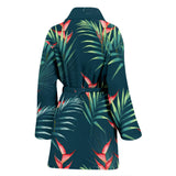 Heliconia Flowers, Palm And Monstera Leaves On Black Background Pattern Women'S Bathrobe