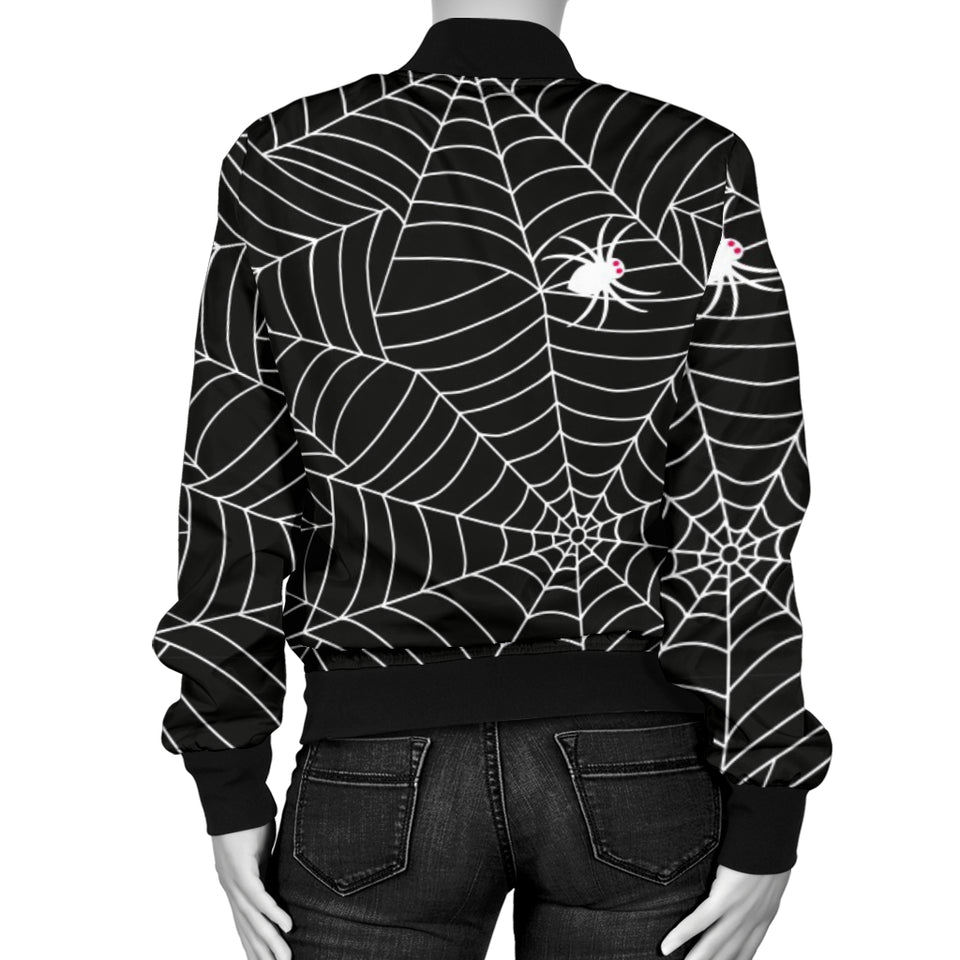 Spider Web Design Pattern Black Background White Cobweb Women'S Bomber Jacket
