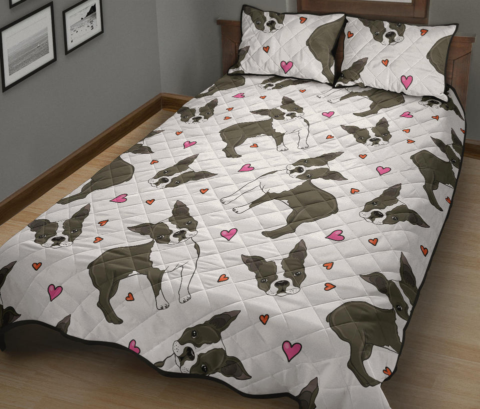 Boston terrier dog hearts vector pattern Quilt Bed Set