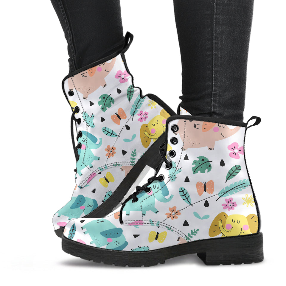 Cute Elephants Palm Tree Flower Butterfly Pattern Leather Boots