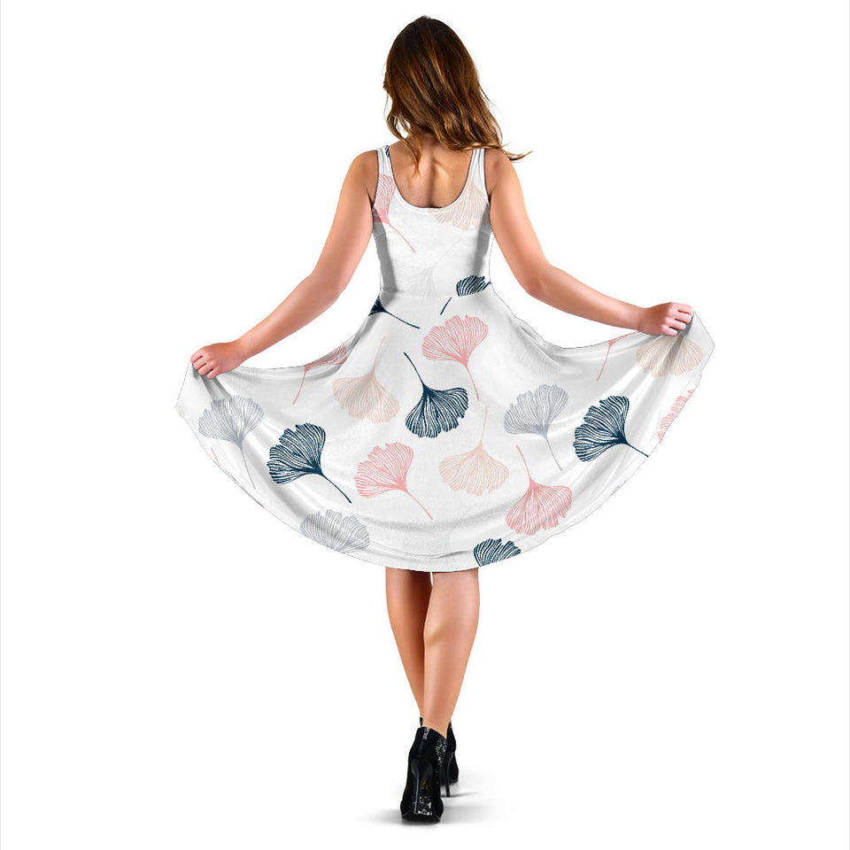 Black Gray Cream Coral Ginkgo Leaves Pattern Sleeveless Midi Dress