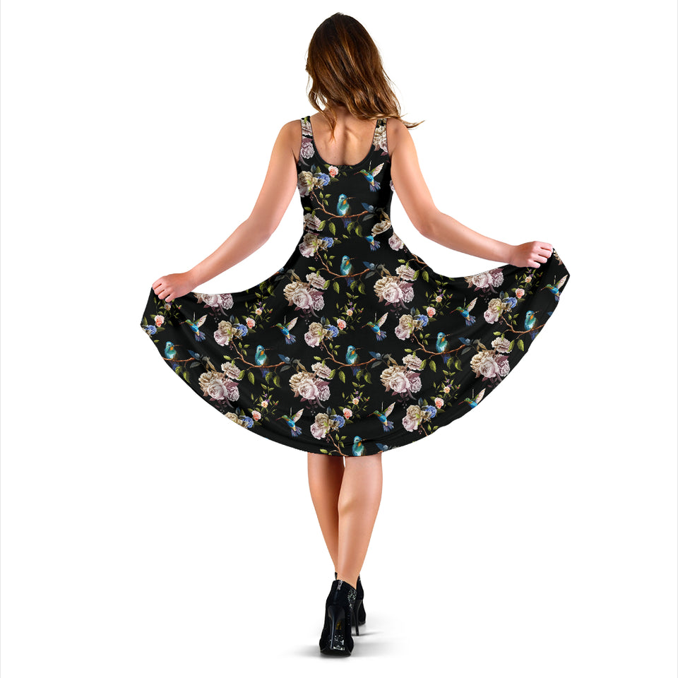 Hummingbird Pattern Print Design 03 Sleeveless Midi Dress