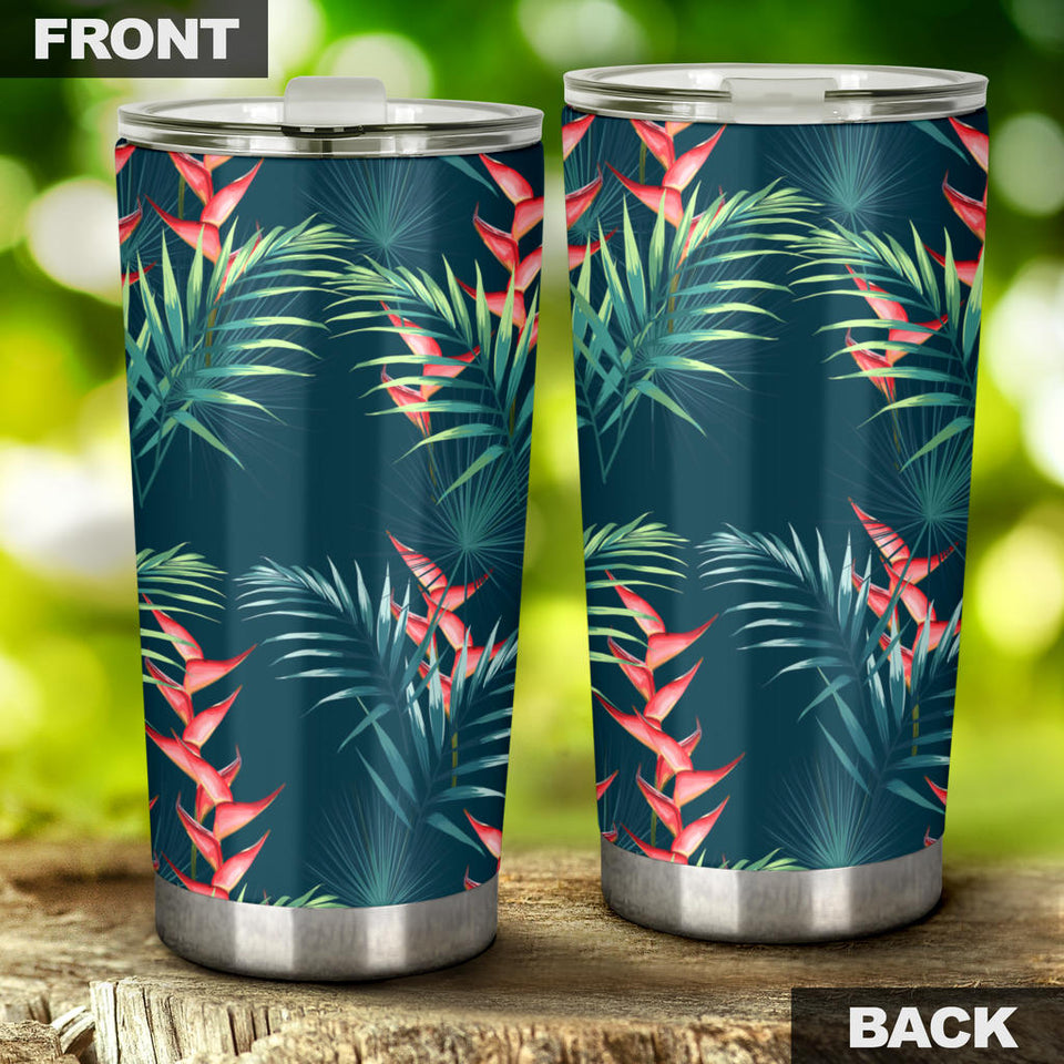 Heliconia Flowers, Palm And Monstera Leaves On Black Background Pattern Tumbler