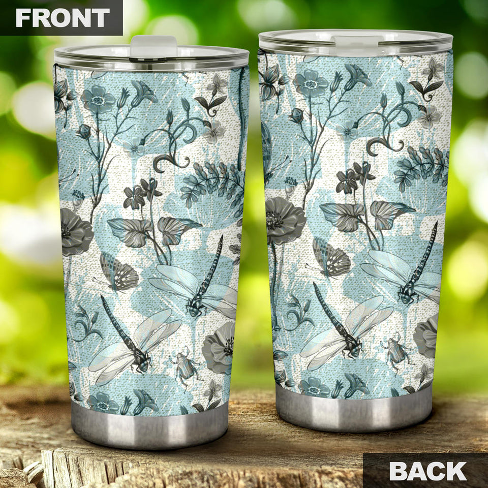 Dragonfly Butterfly Plants Insect Flower Vintage Style Pattern Tumbler