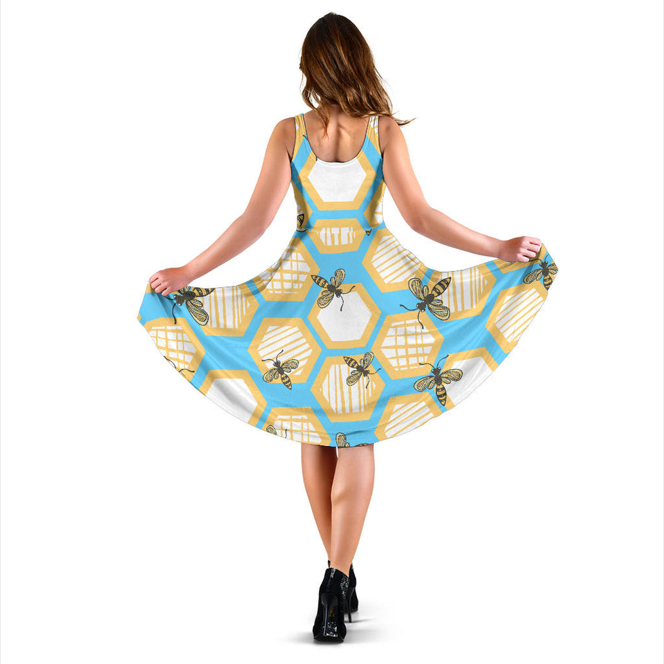Bee Honeycomb Pattern Sleeveless Midi Dress