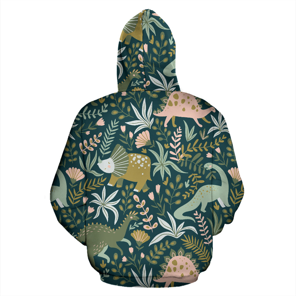 Dinosaurs Tropical Leaves Flower Pattern Zip Up Hoodie