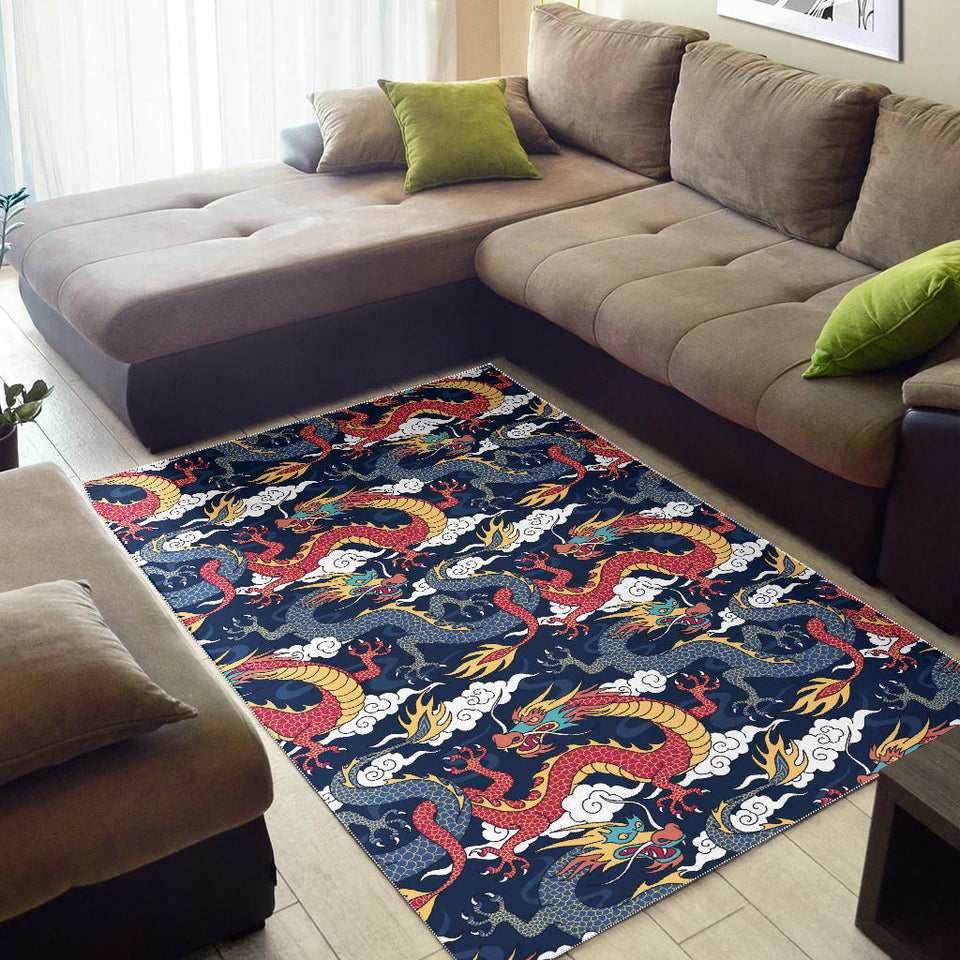 Blue Red Dragon Cloud Pattern Area Rug