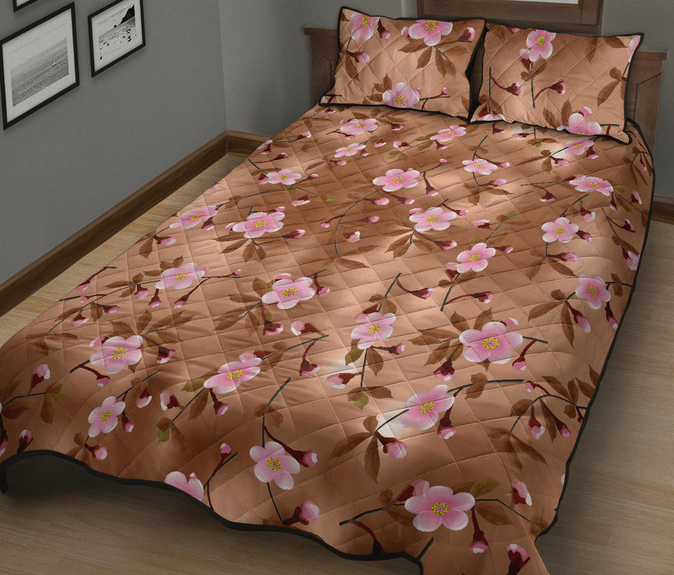 Pink sakura cherry blossom drak brown background Quilt Bed Set