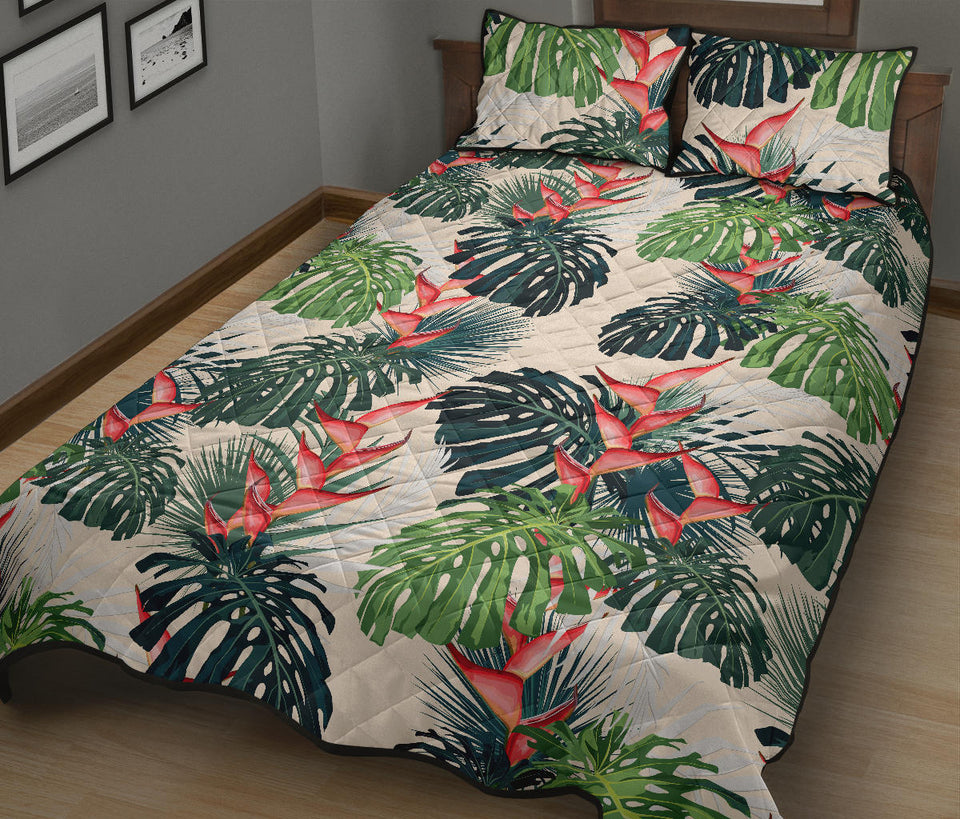 heliconia flowers, palm and monstera leaves Quilt Bed Set
