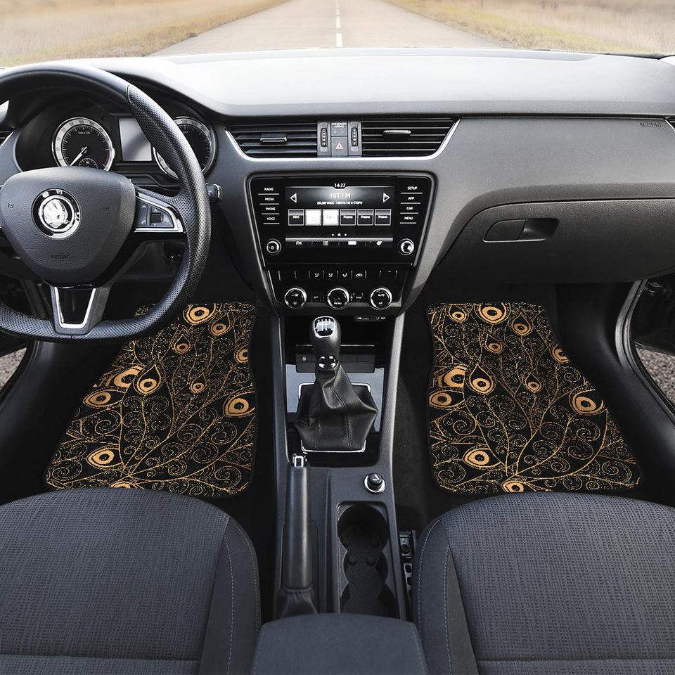 Gold Peacock Feather Pattern Front And Back Car Mats