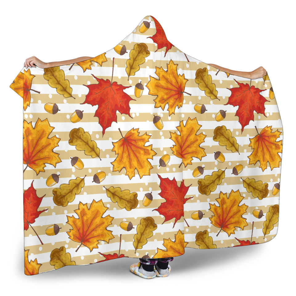 Maple Leaf Oak Leaf Acorns Beige Striped Background Hooded Blanket