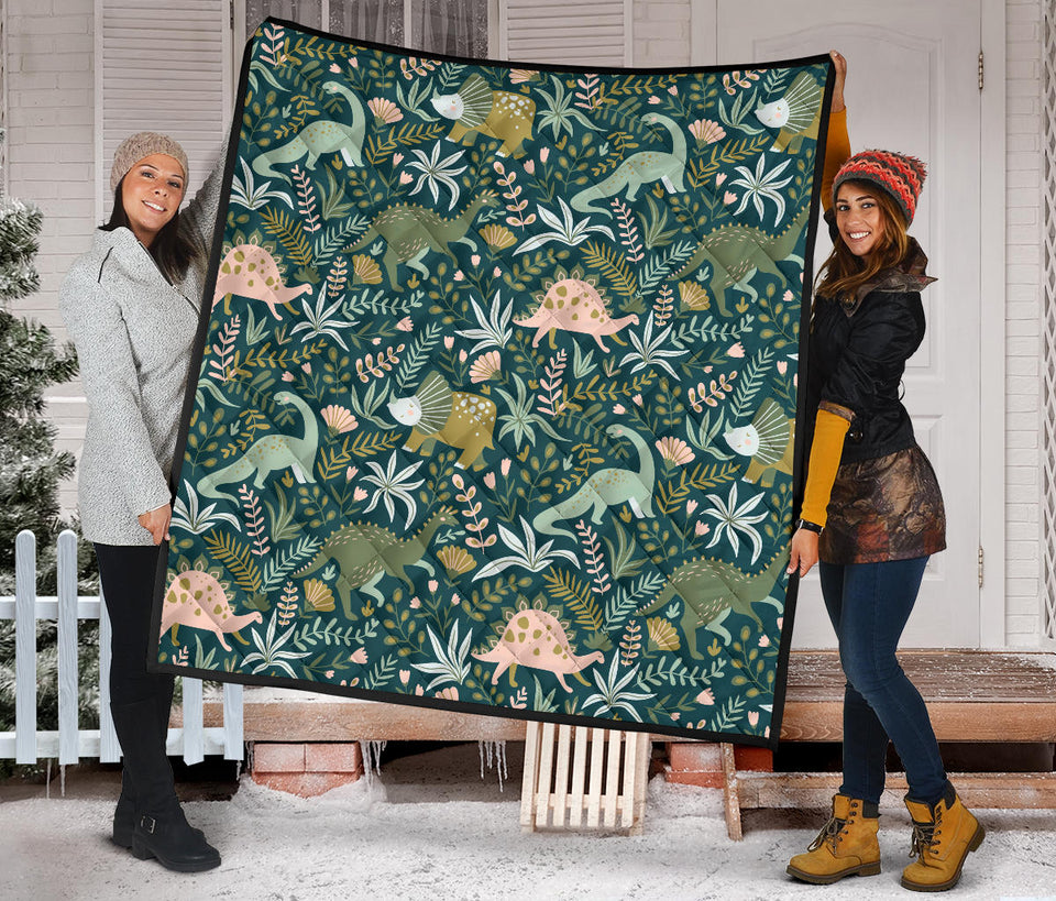 Dinosaurs Tropical Leaves Flower Pattern Premium Quilt