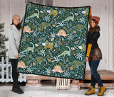 Dinosaurs Tropical Leaves Flower Pattern Premium Quilt