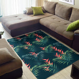 Heliconia Flowers, Palm And Monstera Leaves On Black Background Pattern Area Rug