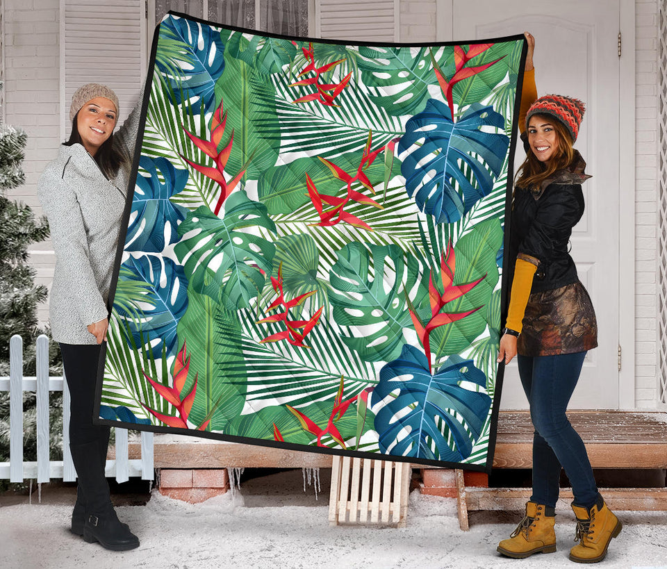 Heliconia Palm And Monstera  Leaves Pattern Premium Quilt