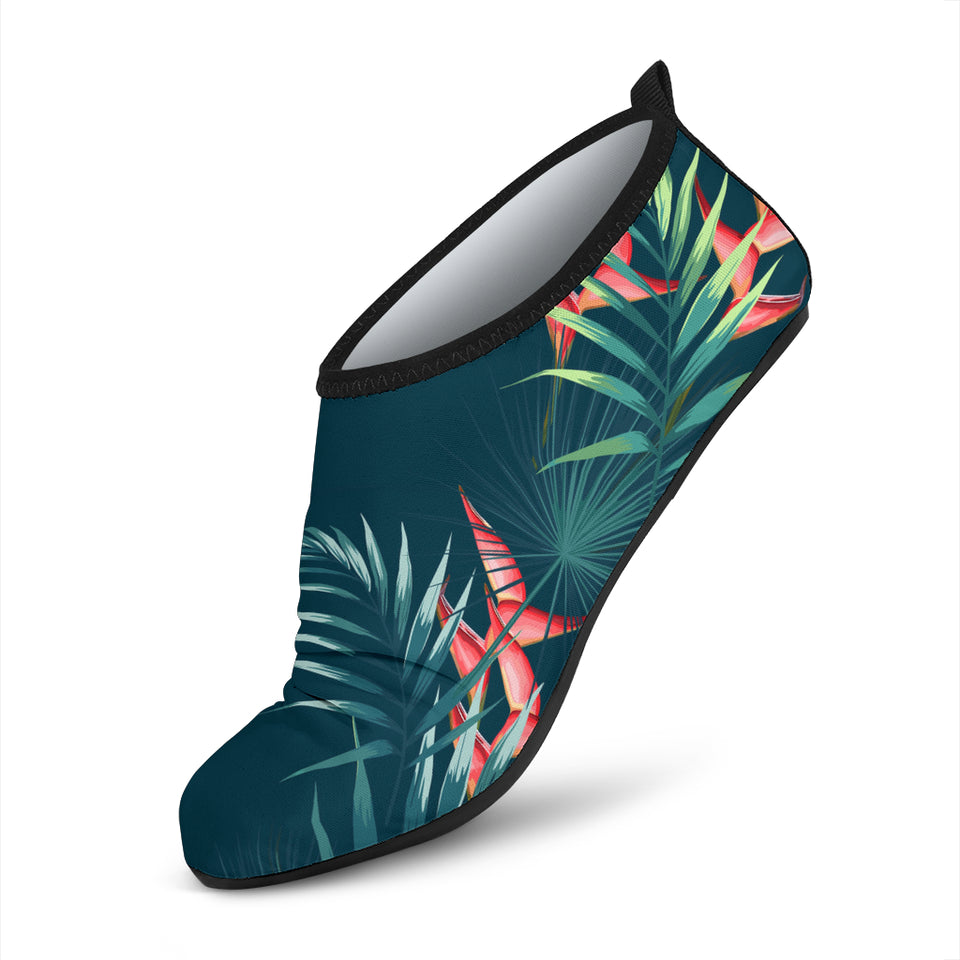 Heliconia Flowers, Palm And Monstera Leaves On Black Background Pattern Aqua Shoes