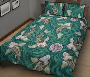 Koi Fish Carp Fish lotus pattern Quilt Bed Set
