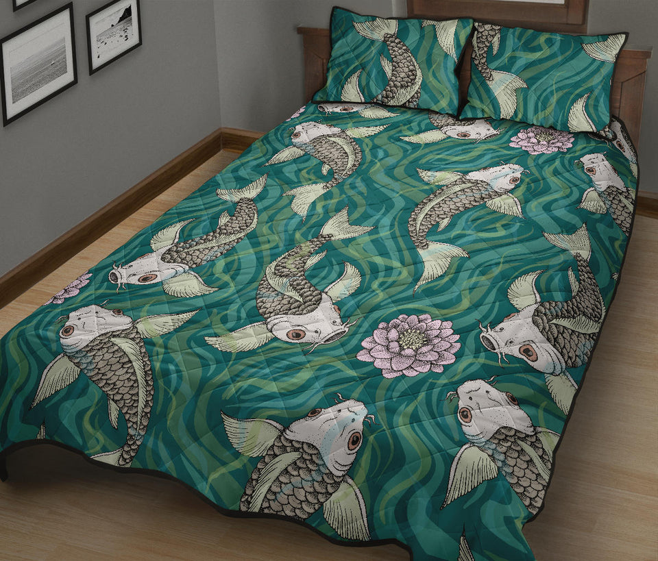 Koi Fish Carp Fish lotus pattern Quilt Bed Set