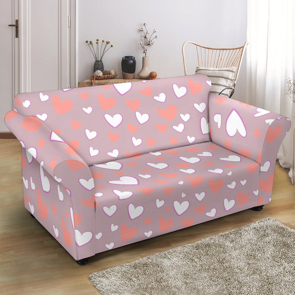 Coral White Heart Pattern Loveseat Couch Slipcover