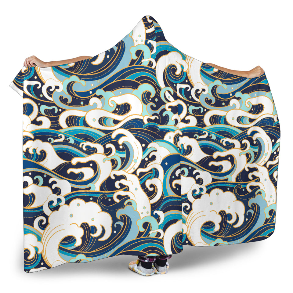 Japanese Wave Pattern Hooded Blanket
