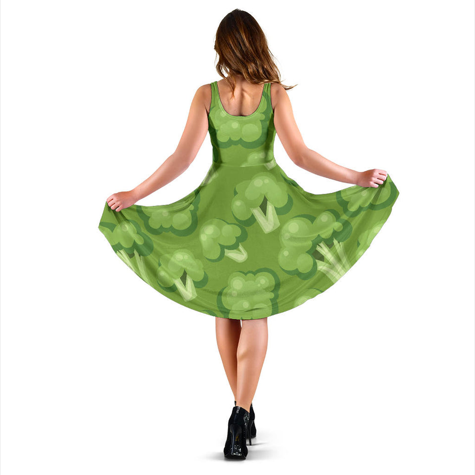 Broccoli Pattern Green Background Sleeveless Midi Dress