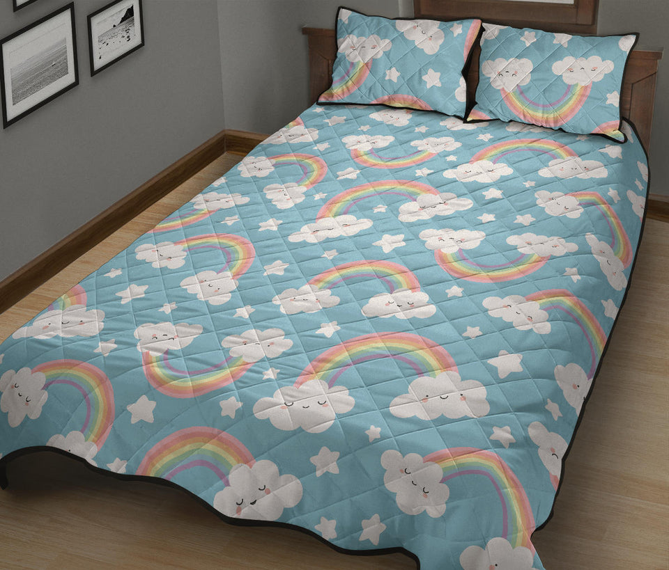 Cute rainbow clound star pattern blue background Quilt Bed Set
