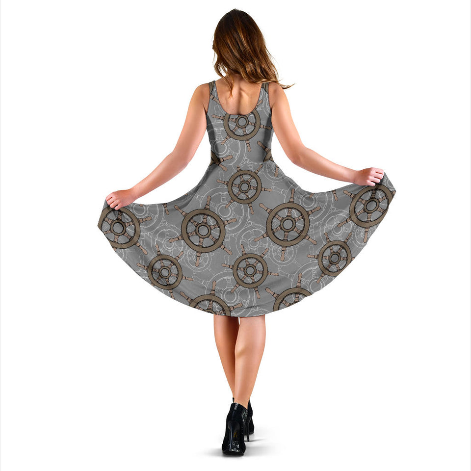 Nautical Wood Steering Wheel Pattern Sleeveless Midi Dress