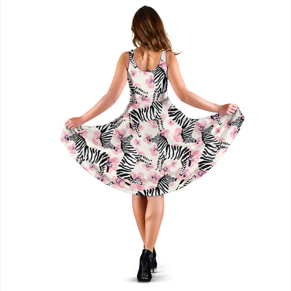 Zebra Pink Flower Background Sleeveless Midi Dress
