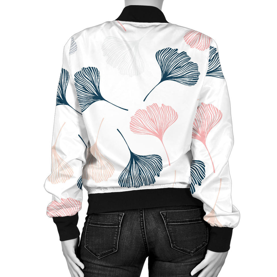 Black Gray Cream Coral Ginkgo Leaves Pattern Women'S Bomber Jacket