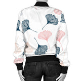 Black Gray Cream Coral Ginkgo Leaves Pattern Women'S Bomber Jacket