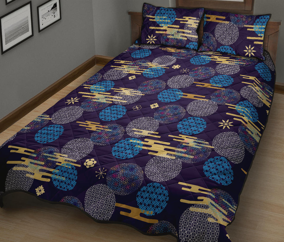 Blue japanese pattern cloud wave flower Quilt Bed Set