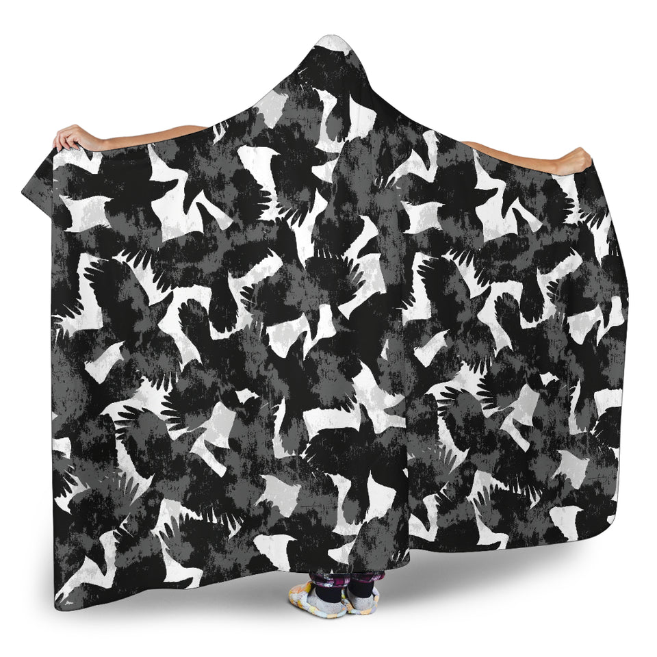 Crow Illustration Pattern Hooded Blanket