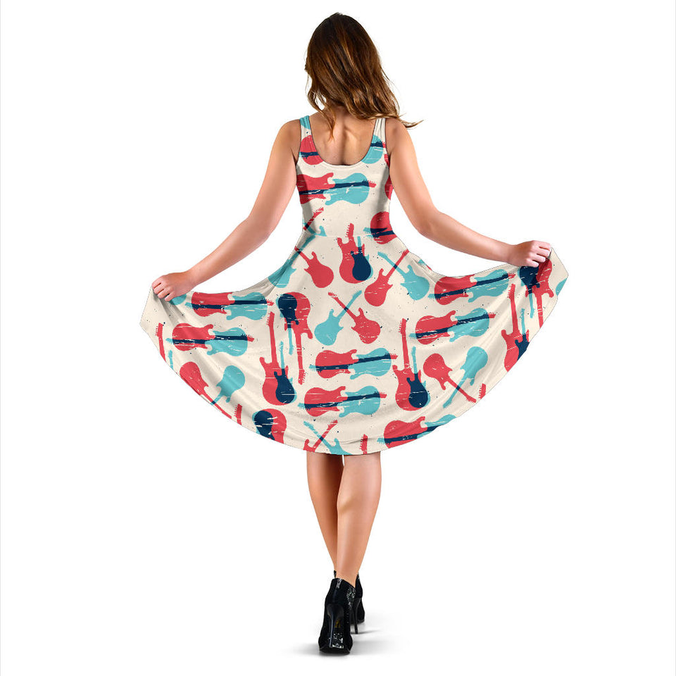 Red Blue Guitar Pattern Sleeveless Midi Dress