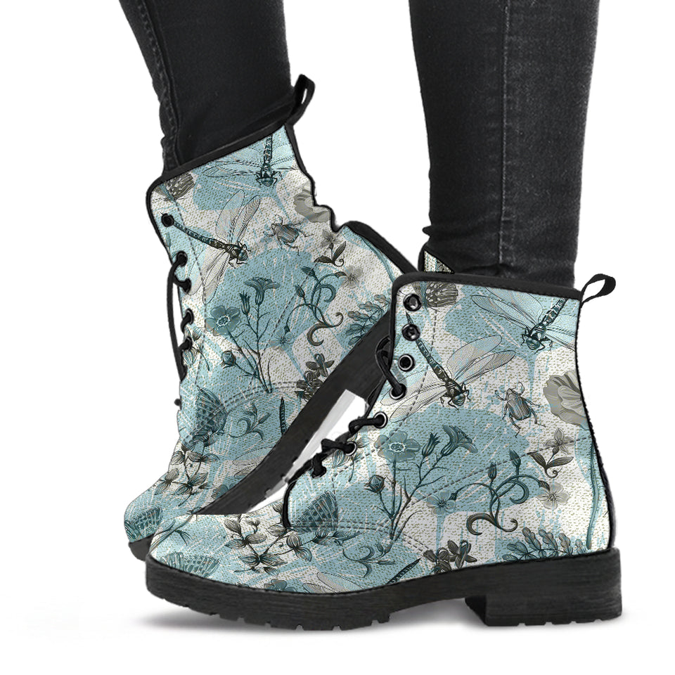 Dragonfly Butterfly Plants Insect Flower Vintage Style Pattern Leather Boots