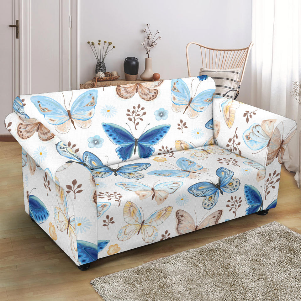 Blue Butterfly Pattern Loveseat Couch Slipcover