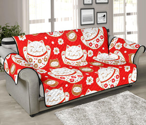 Cute Maneki Neko Lucky Cat red background Sofa Cover Protector