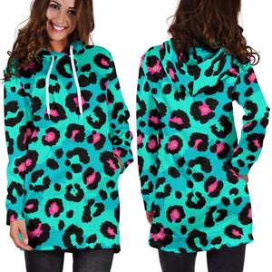 Green Leopard Skin Print Pattern Women'S Hoodie Dress