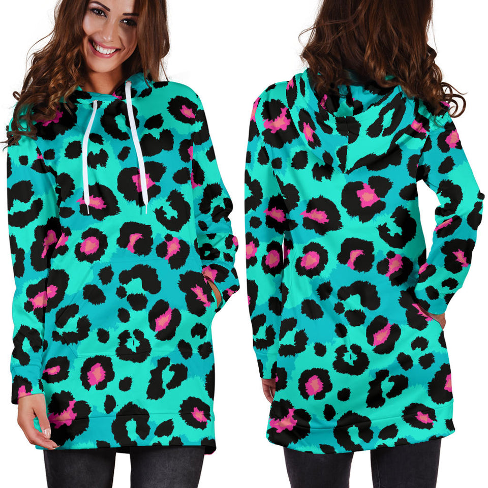 Green Leopard Skin Print Pattern Women'S Hoodie Dress