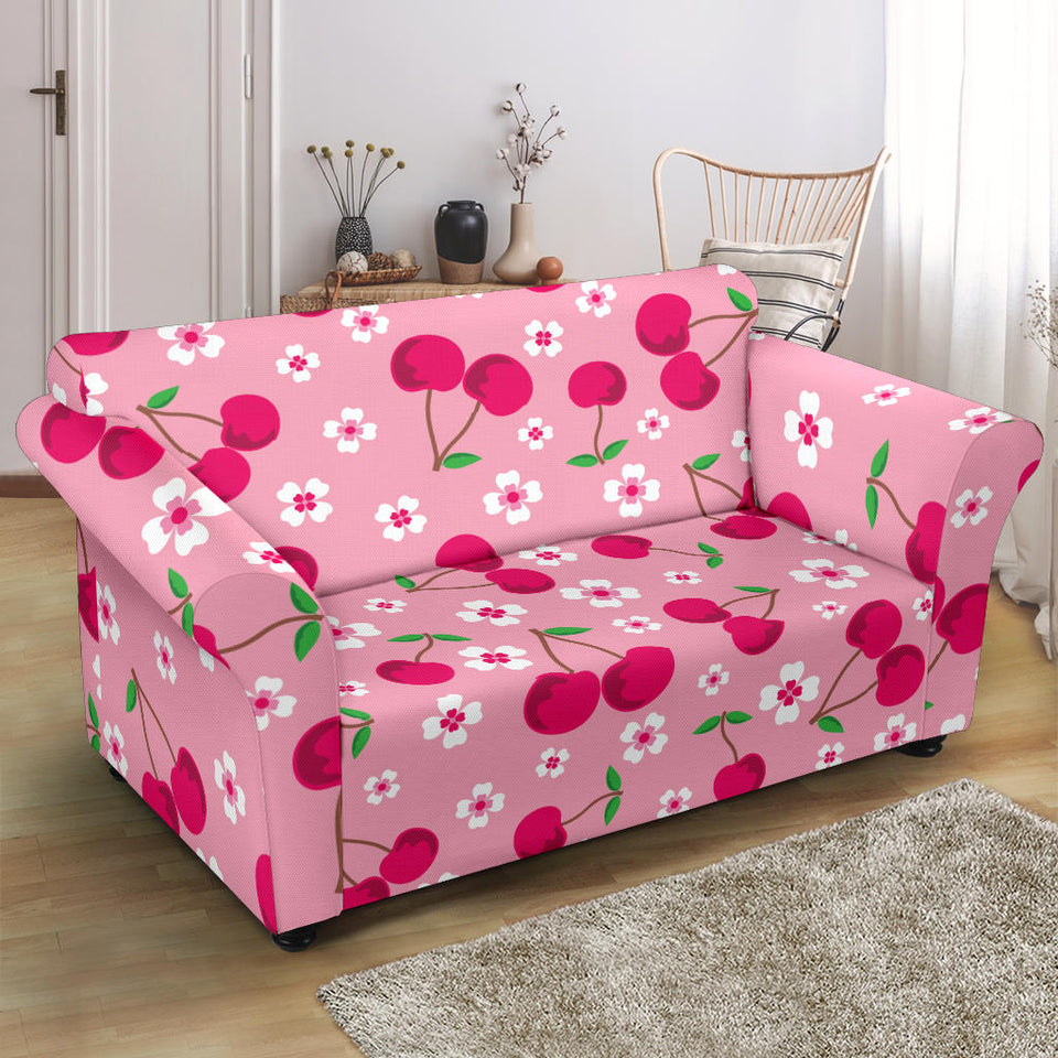 Cherry Flower Pattern Pink Background Loveseat Couch Slipcover
