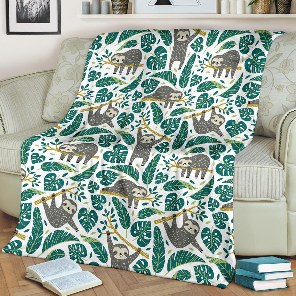 Cute Sloths Tropical Palm Leaves White Background Premium Blanket