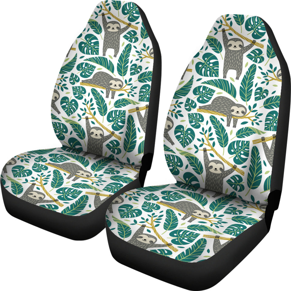 Cute Sloths Tropical Palm Leaves White Background  Universal Fit Car Seat Covers