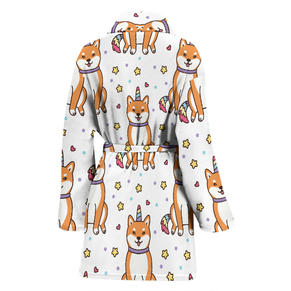 Shiba Inu Unicorn Costume Horn Colorful Tail Pattern Women'S Bathrobe