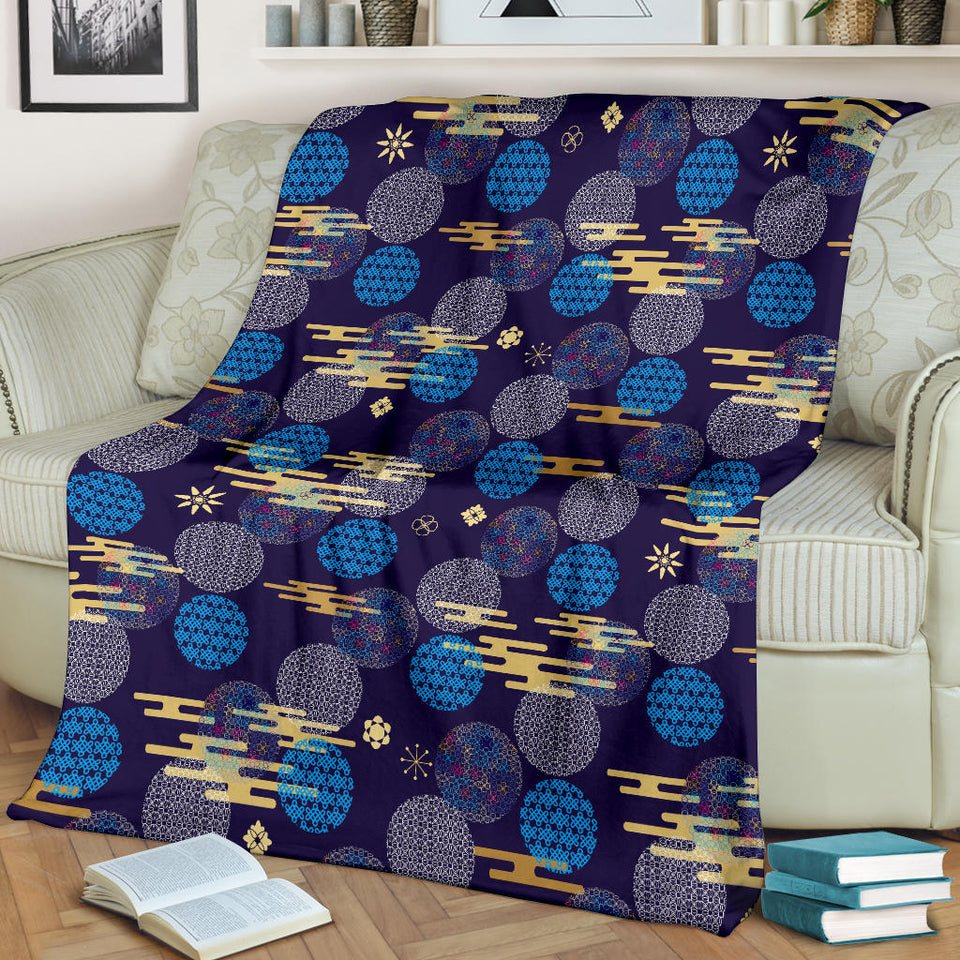 Blue Japanese Pattern Cloud Wave Flower Premium Blanket